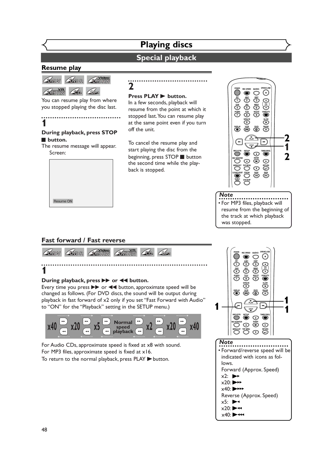 Symphonic CWR20V4 owner manual Special playback, Resume play, Fast forward / Fast reverse 