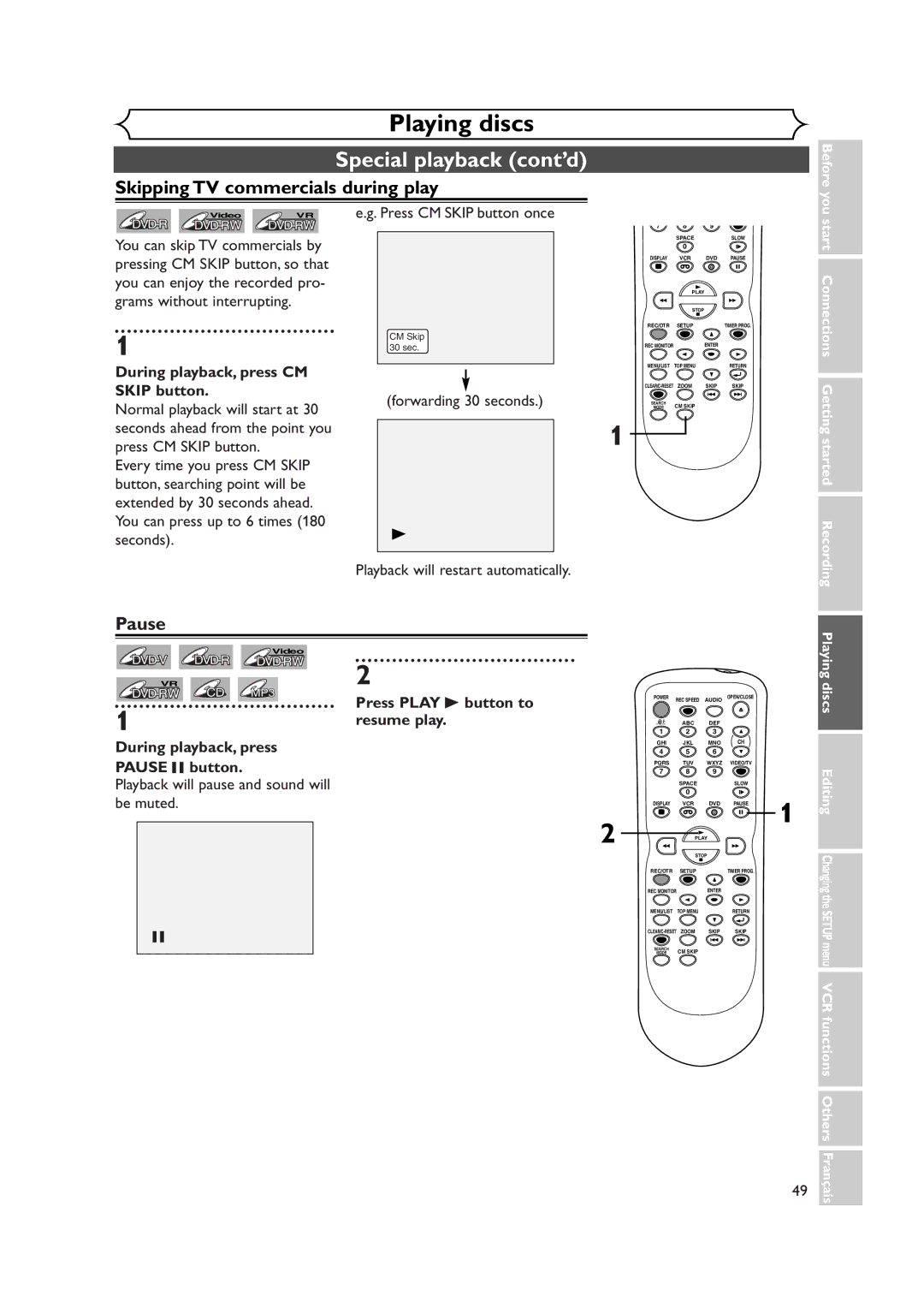 Symphonic CWR20V4 owner manual Special playback cont’d, Skipping TV commercials during play, Pause 