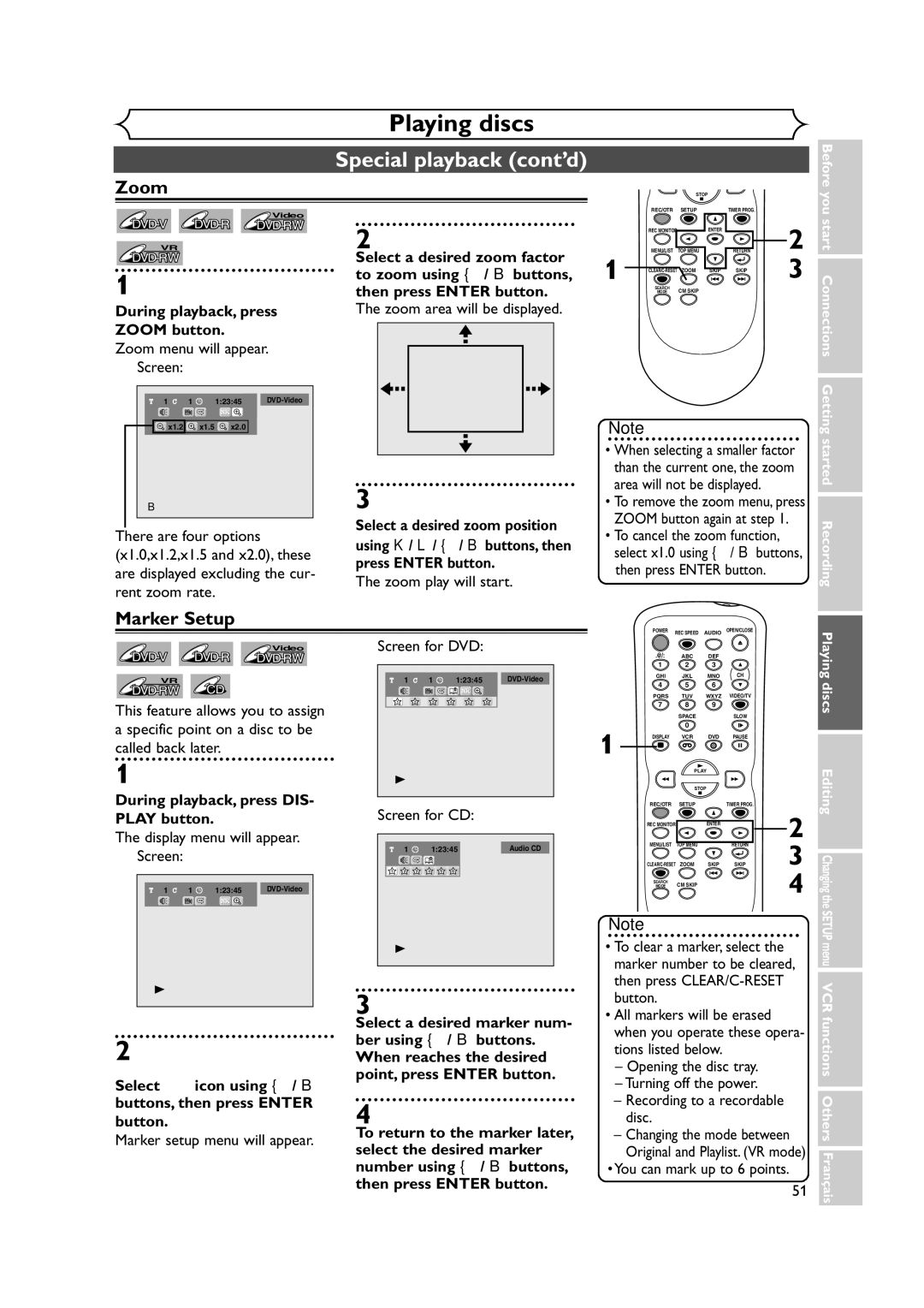 Symphonic CWR20V4 owner manual Zoom, Marker Setup 