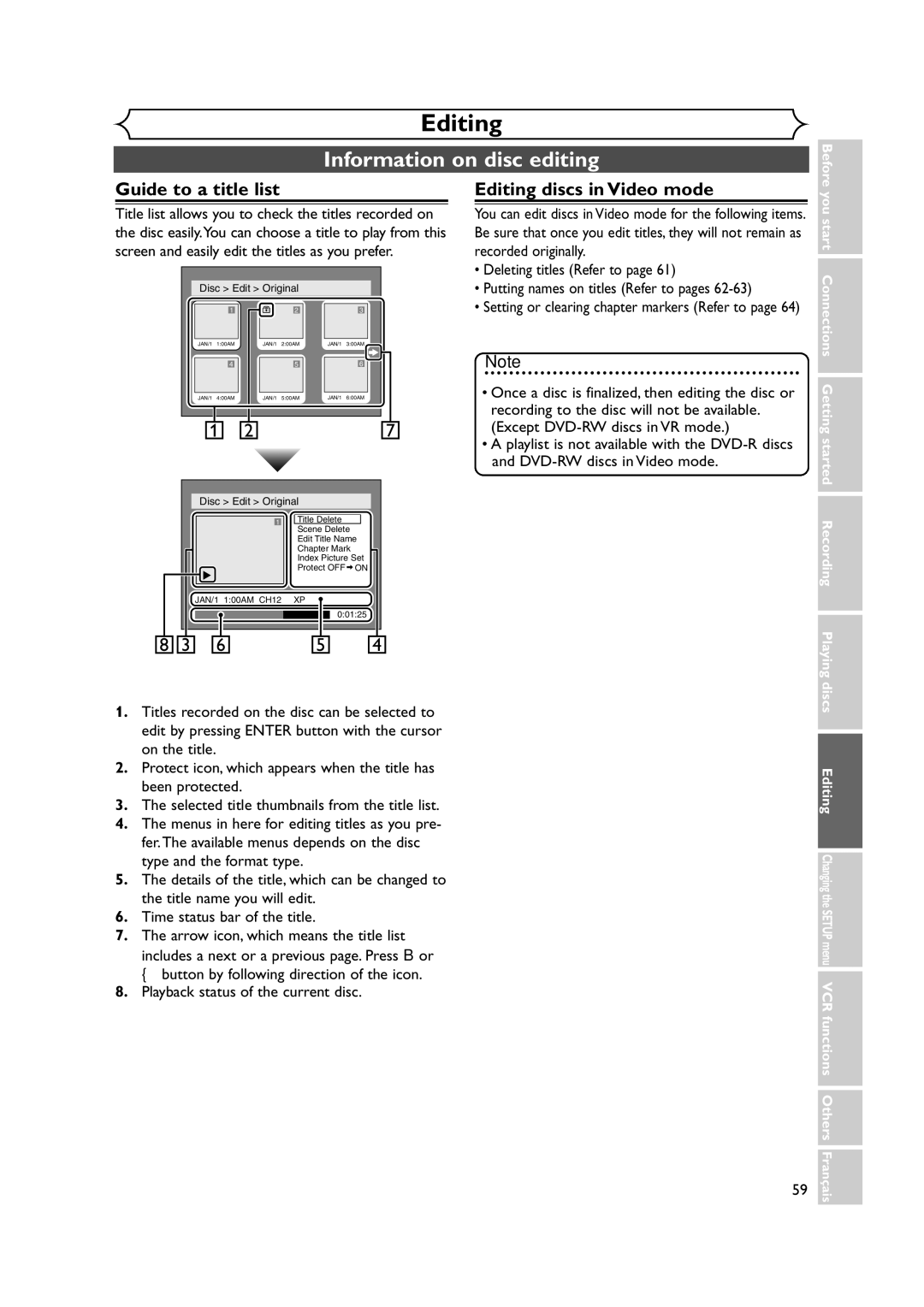 Symphonic CWR20V4 owner manual Information on disc editing, Guide to a title list, Editing discs in Video mode 