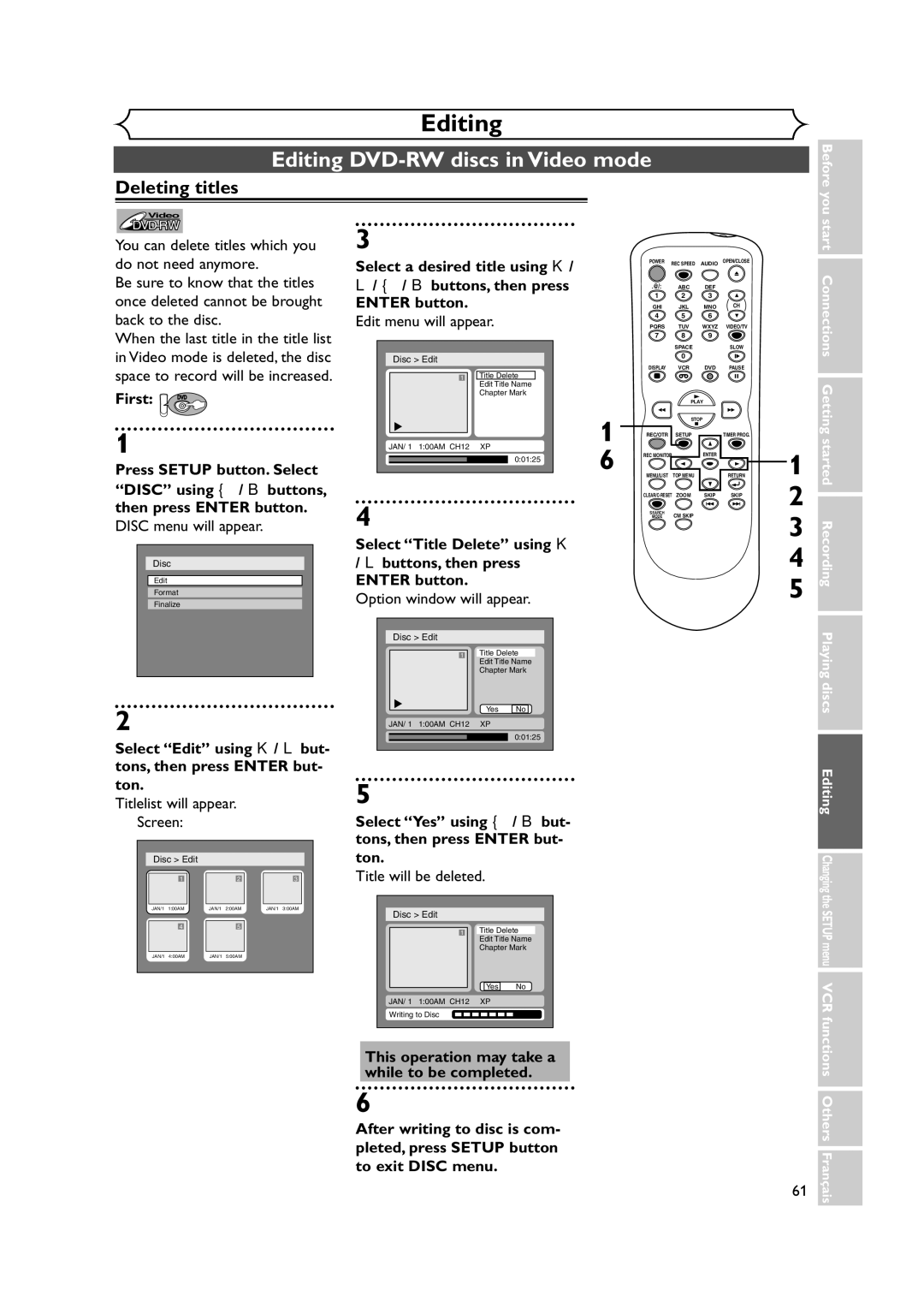 Symphonic CWR20V4 owner manual Editing DVD-RW discs in Video mode, Deleting titles 