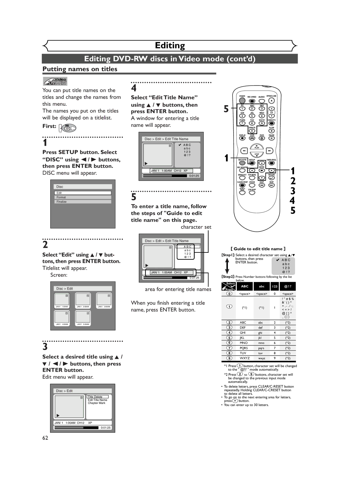 Symphonic CWR20V4 owner manual Editing DVD-RW discs in Video mode cont’d, Putting names on titles 