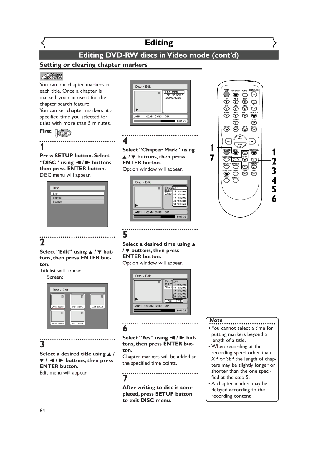 Symphonic CWR20V4 owner manual Setting or clearing chapter markers, Select Chapter Mark using 