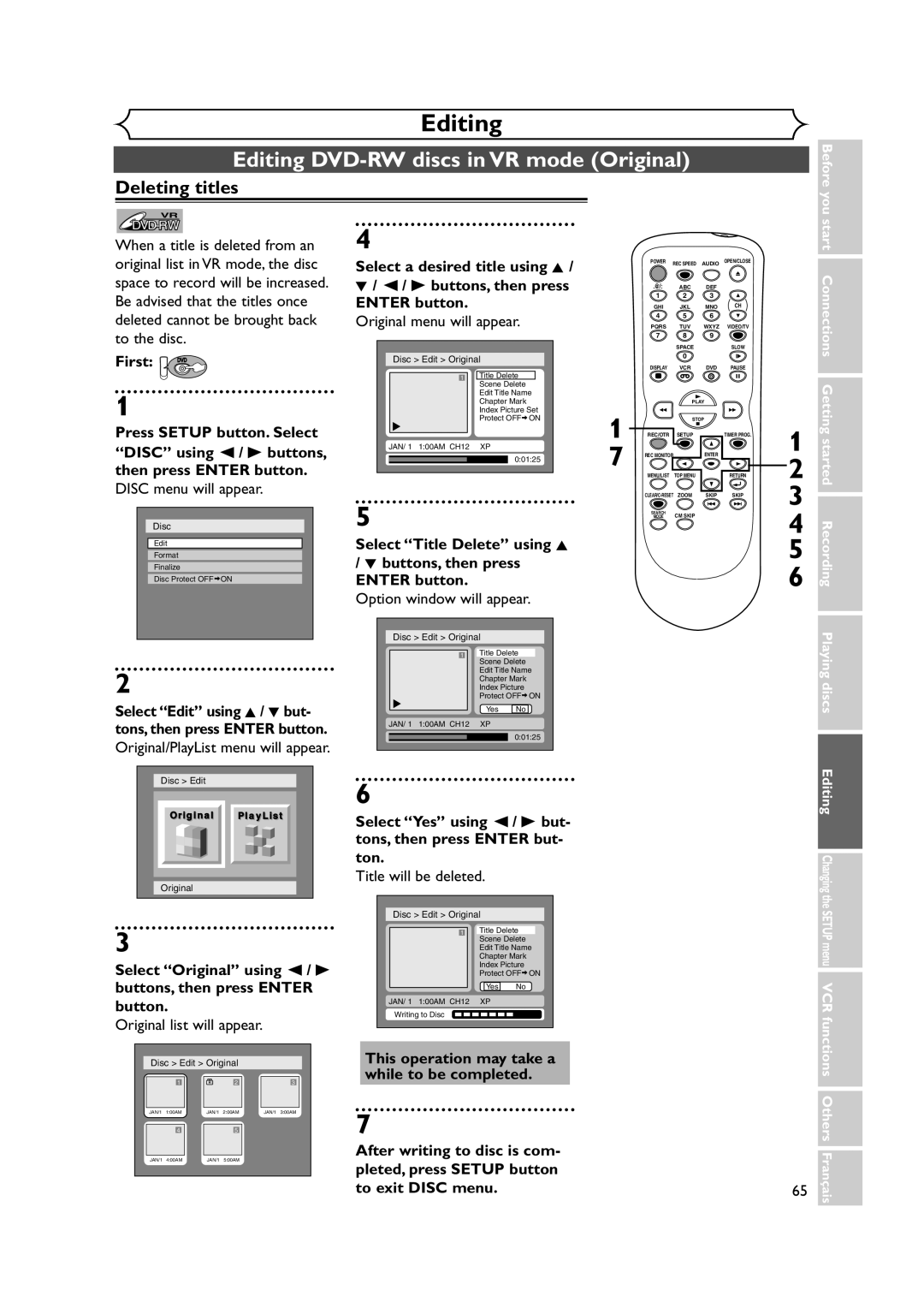 Symphonic CWR20V4 Editing DVD-RW discs in VR mode Original, Original/PlayList menu will appear, Original list will appear 