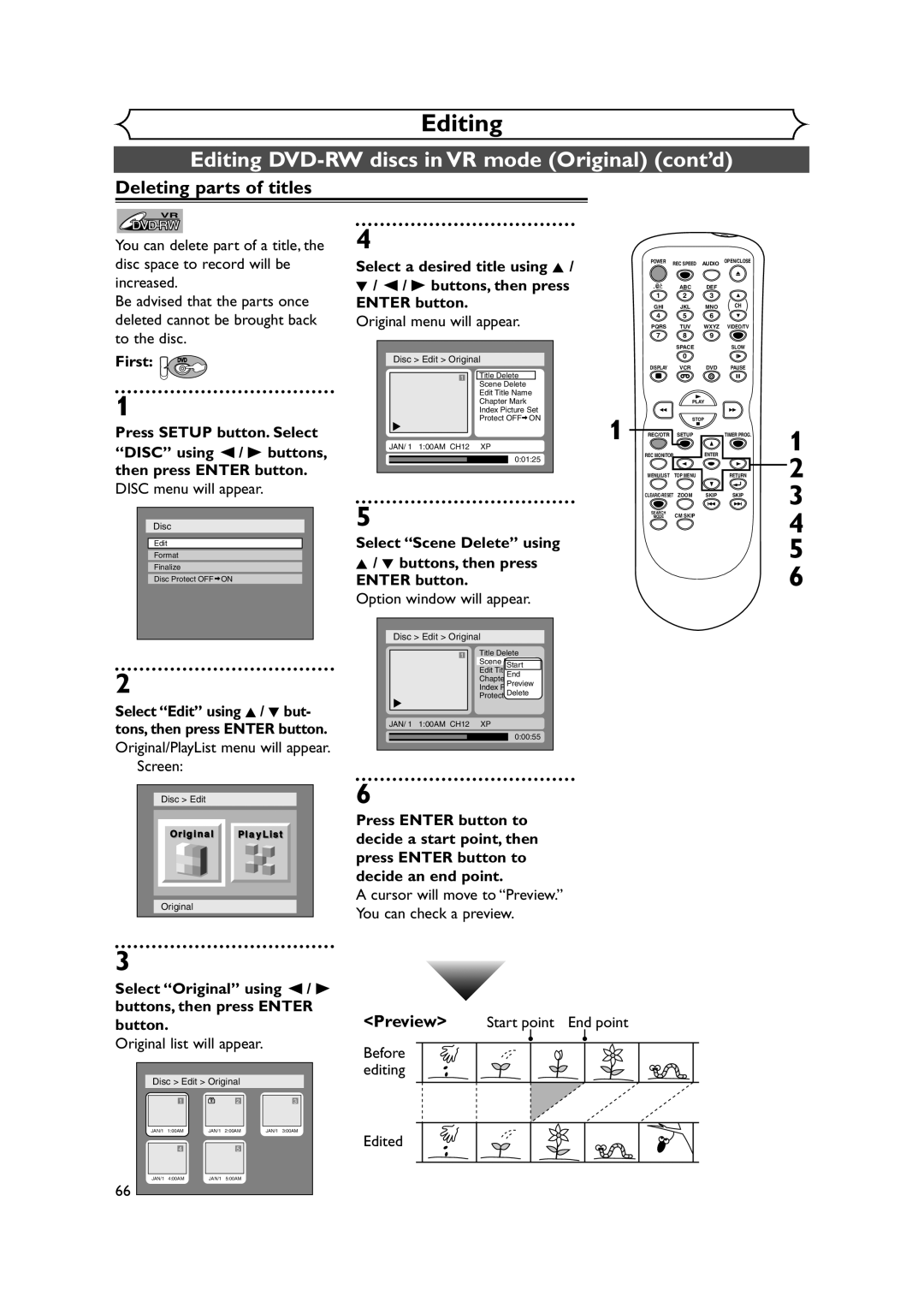 Symphonic CWR20V4 owner manual Editing DVD-RW discs in VR mode Original cont’d, Deleting parts of titles 