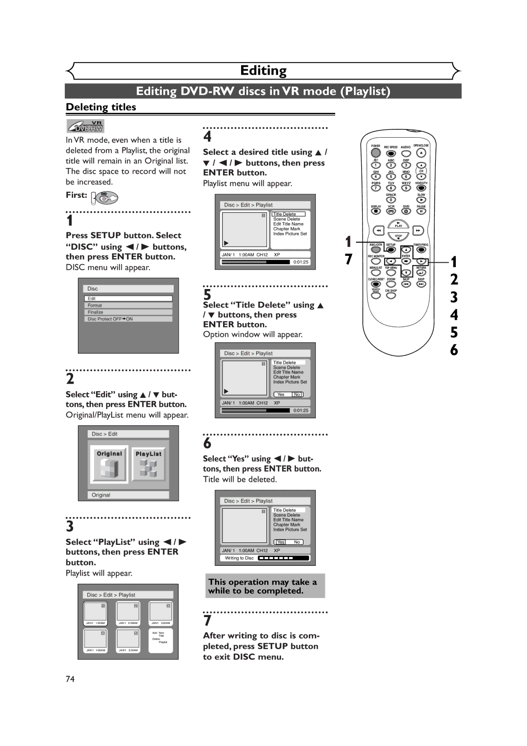 Symphonic CWR20V4 owner manual Editing DVD-RW discs in VR mode Playlist, Playlist menu will appear, Playlist will appear 