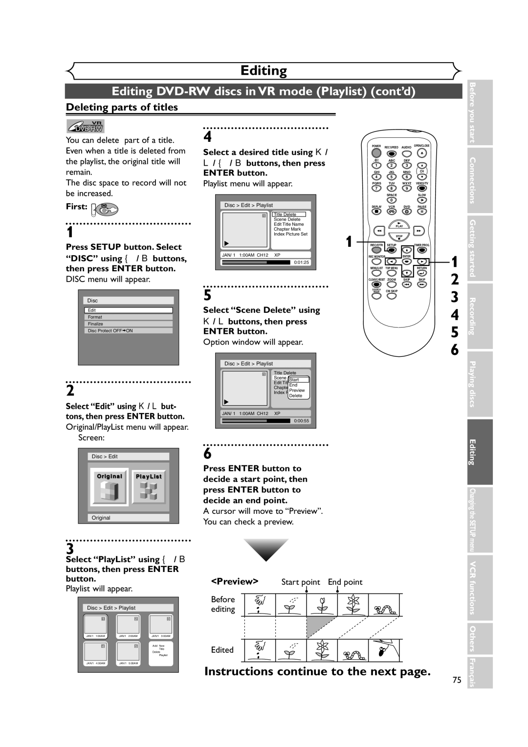 Symphonic CWR20V4 owner manual Editing DVD-RW discs in VR mode Playlist cont’d, Instructions continue to the next 