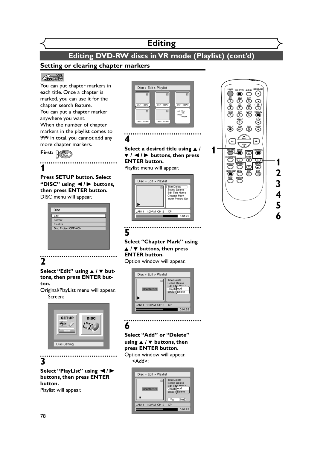 Symphonic CWR20V4 owner manual Setting or clearing chapter markers, First DVD Select a desired title using K 