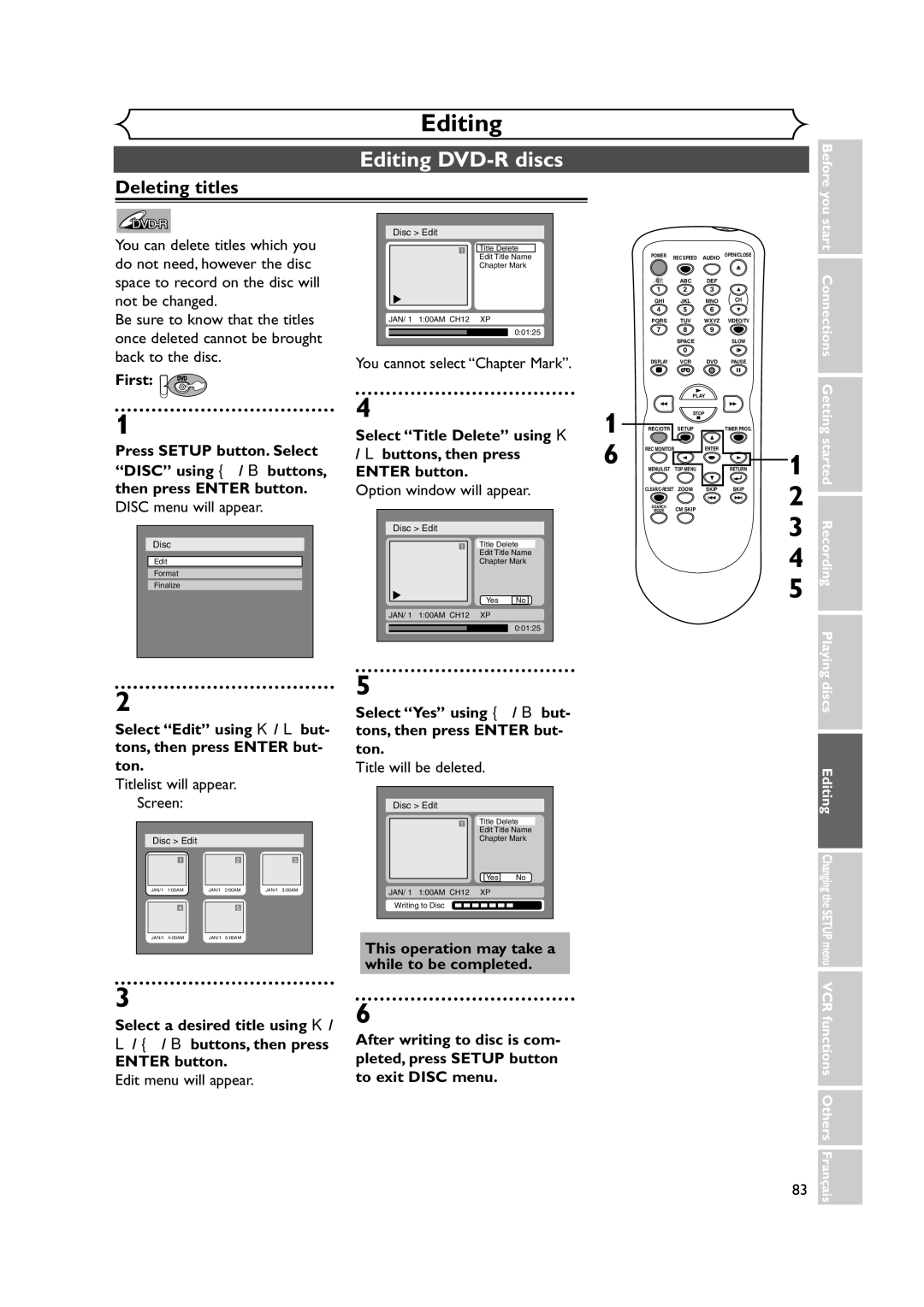 Symphonic CWR20V4 owner manual Editing DVD-R discs, You cannot select Chapter Mark, Select Title Delete using K 