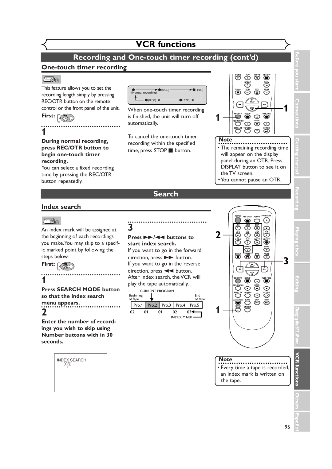 Symphonic CWR20V4 owner manual Recording and One-touch timer recording cont’d, Index search 