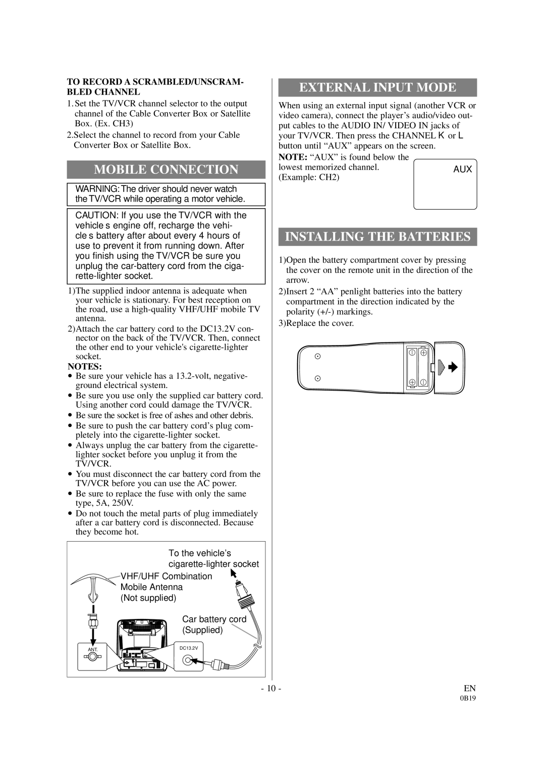 Symphonic DSC313B owner manual External Input Mode, Mobile Connection, Installing the Batteries 