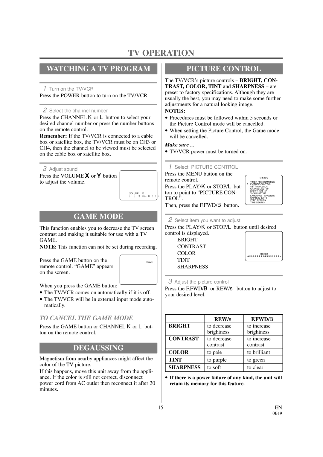 Symphonic DSC313B owner manual TV Operation, Watching a TV Program, Picture Control, Game Mode, Degaussing 