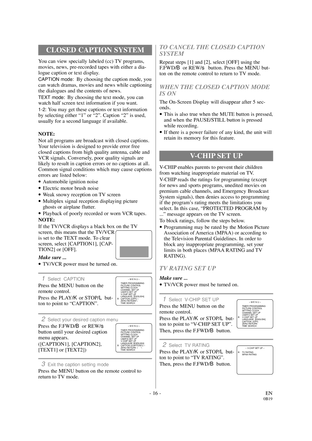 Symphonic DSC313B owner manual Chip SET UP, To Cancel the Closed Caption System, When the Closed Caption Mode is on 