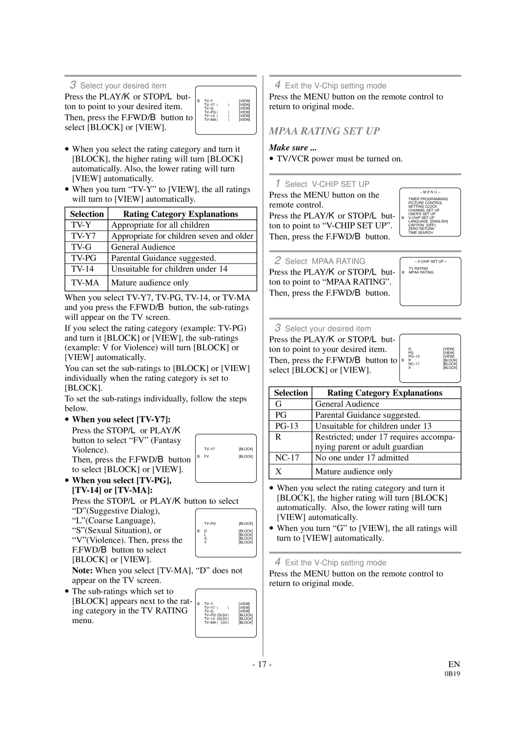 Symphonic DSC313B owner manual Mpaa Rating SET UP 