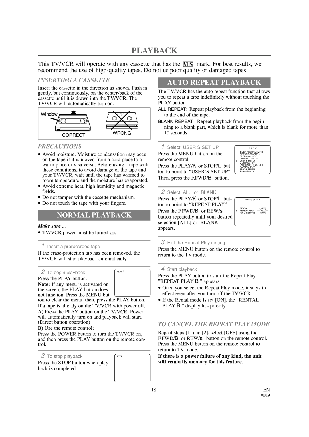 Symphonic DSC313B owner manual Auto Repeat Playback, Normal Playback 