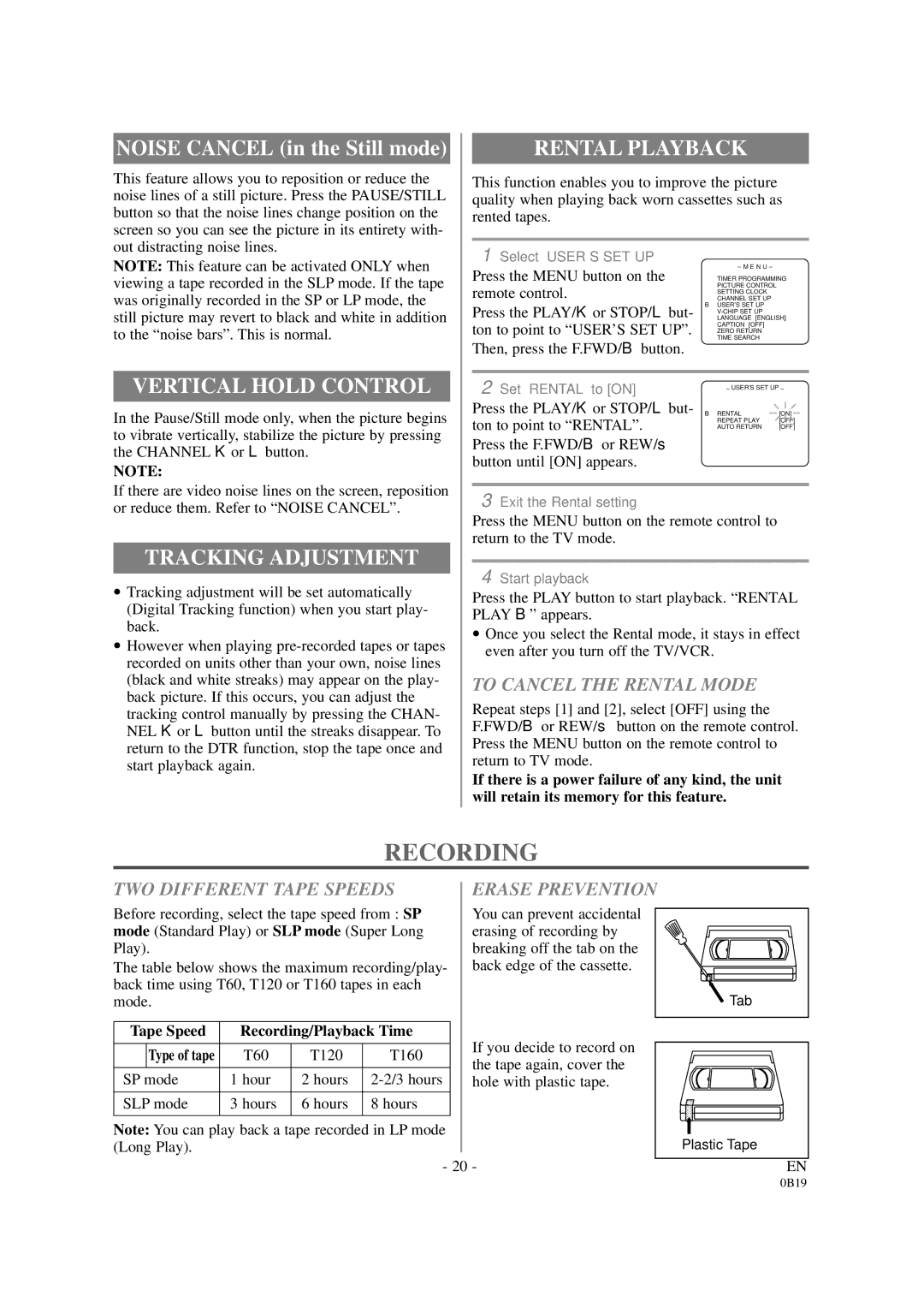 Symphonic DSC313B owner manual Recording, Vertical Hold Control, Tracking Adjustment, Rental Playback 