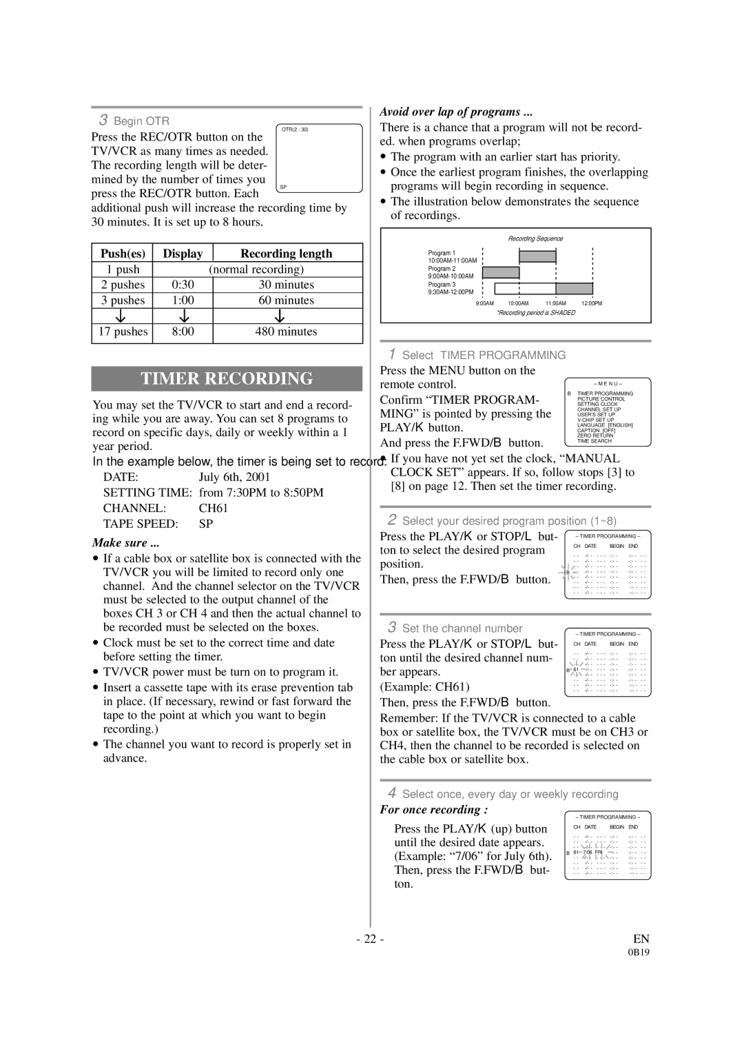 Symphonic DSC313B owner manual Timer Recording, Channel CH61 Tape Speed SP 