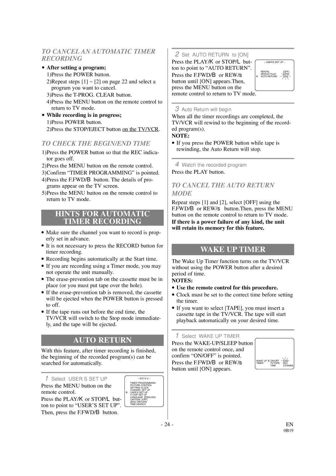 Symphonic DSC313B owner manual Hints for Automatic Timer Recording, Auto Return, Wake UP Timer 