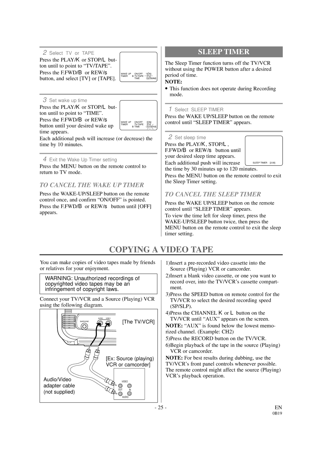 Symphonic DSC313B owner manual Copying a Video Tape, To Cancel the Wake UP Timer, To Cancel the Sleep Timer 