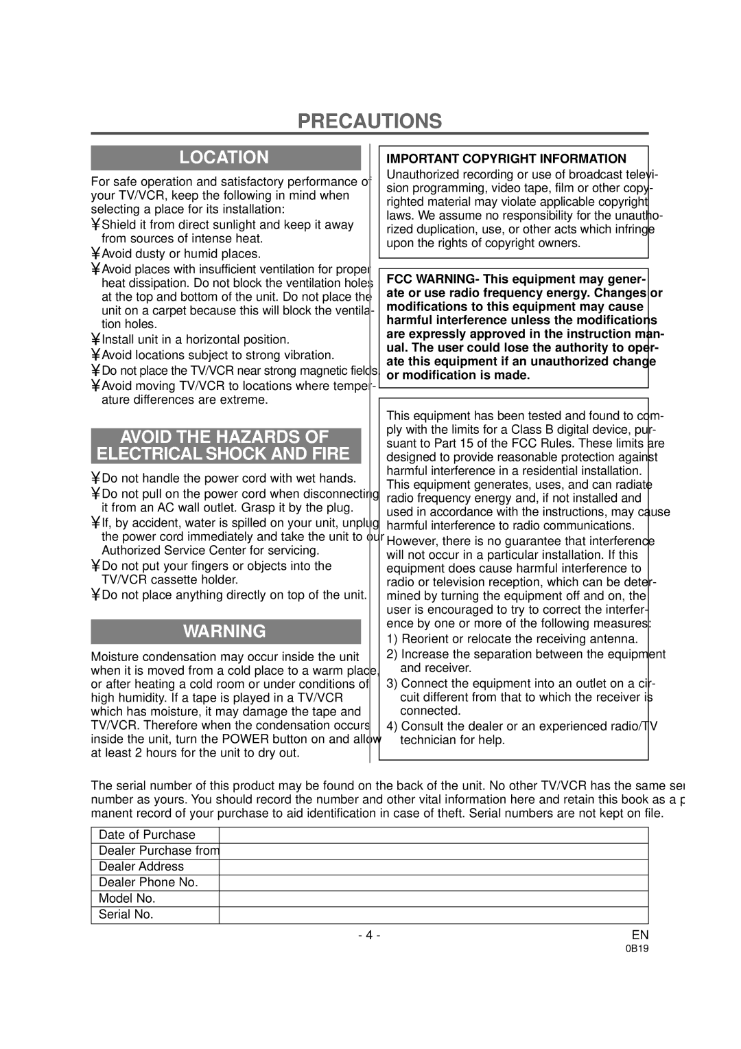 Symphonic DSC313B owner manual Precautions, Location, Avoid the Hazards Electrical Shock and Fire 