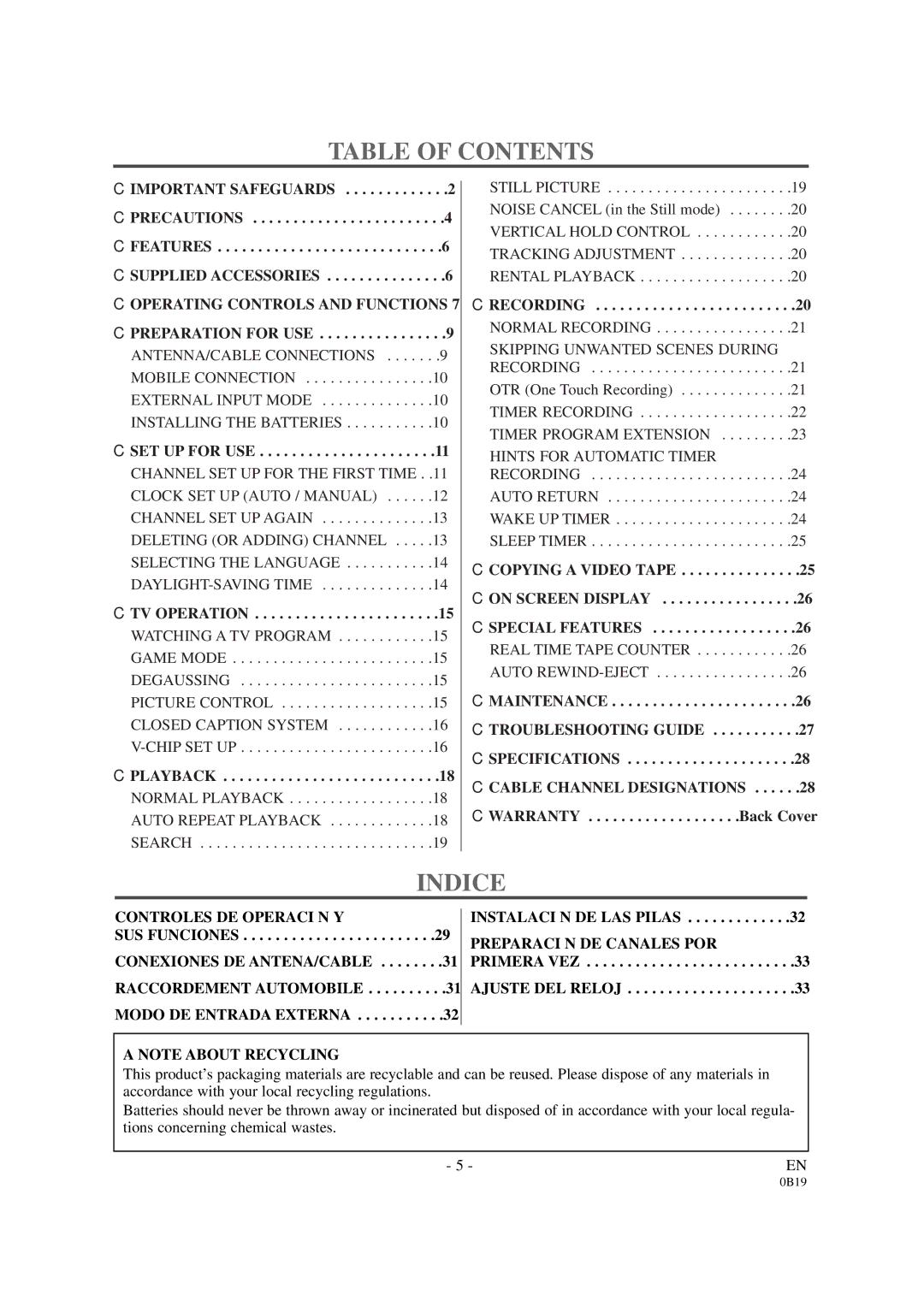 Symphonic DSC313B owner manual Table of Contents, Indice 