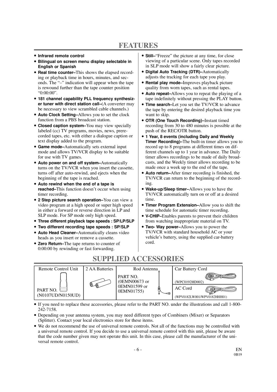 Symphonic DSC313B owner manual Features, Supplied Accessories 