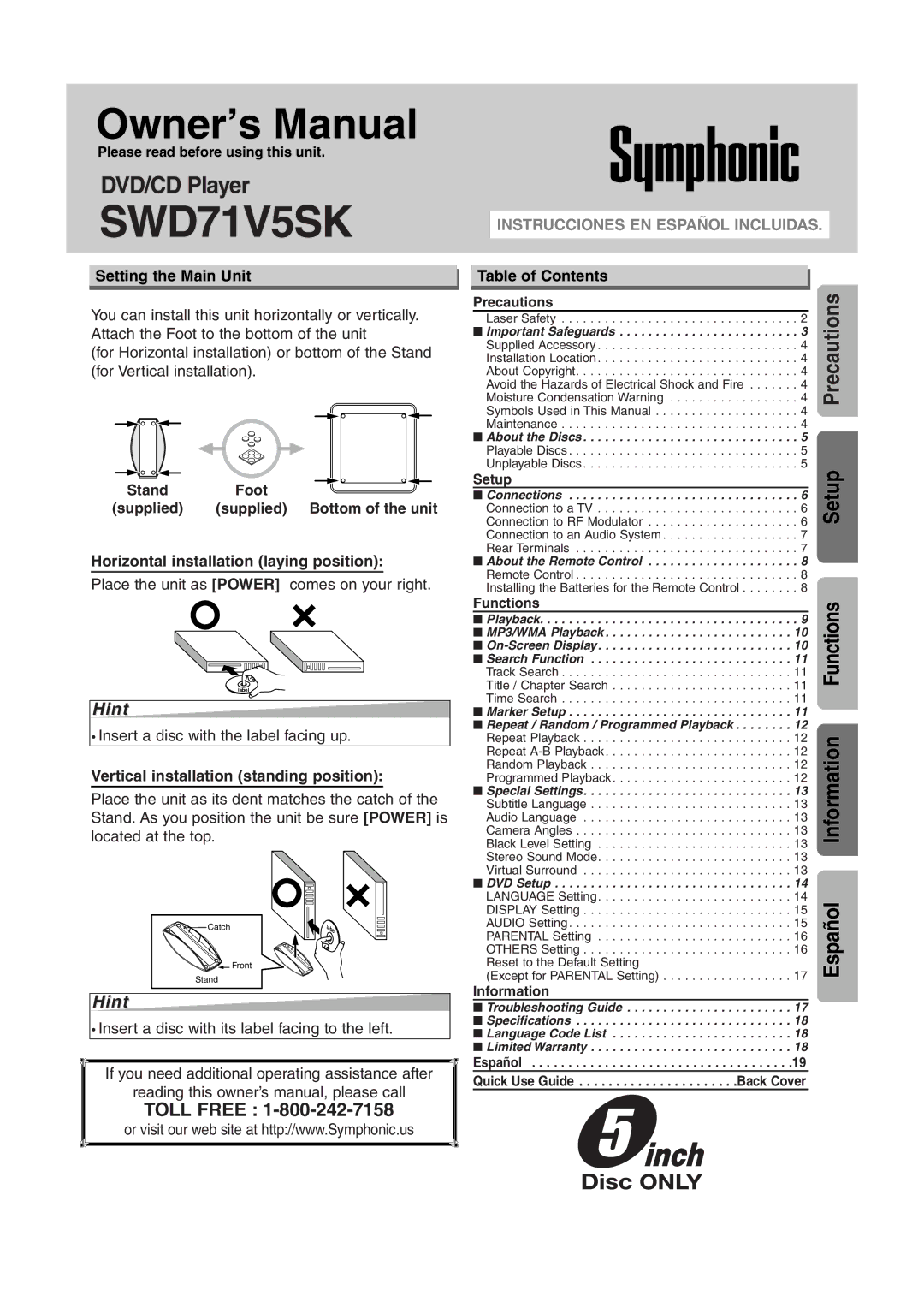 Symphonic DVD/CD Player owner manual Hint 