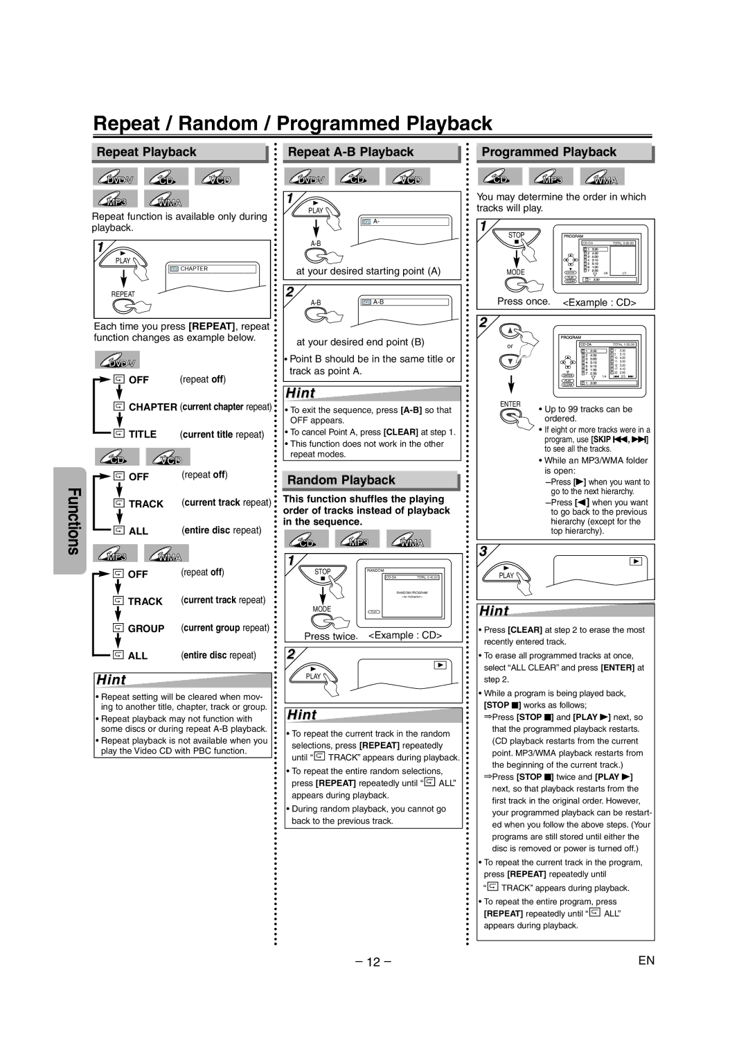 Symphonic DVD/CD Player Repeat / Random / Programmed Playback, Repeat Playback Repeat A-B Playback, Random Playback 