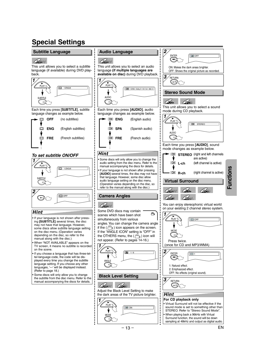 Symphonic DVD/CD Player Special Settings, Subtitle Language, Camera Angles, Black Level Setting, Stereo Sound Mode 