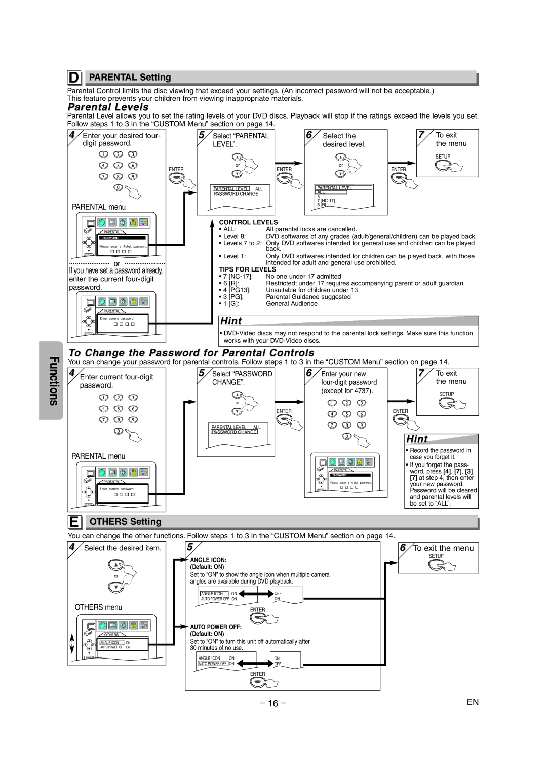 Symphonic DVD/CD Player Parental Levels, To Change the Password for Parental Controls, Parental Setting, Others Setting 