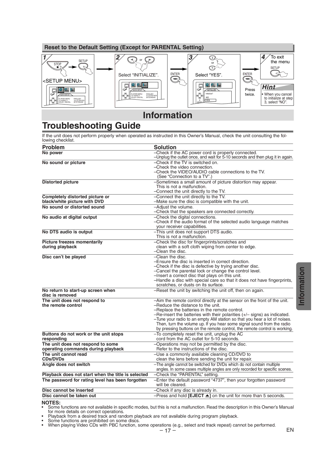 Symphonic DVD/CD Player Information Troubleshooting Guide, Reset to the Default Setting Except for Parental Setting 