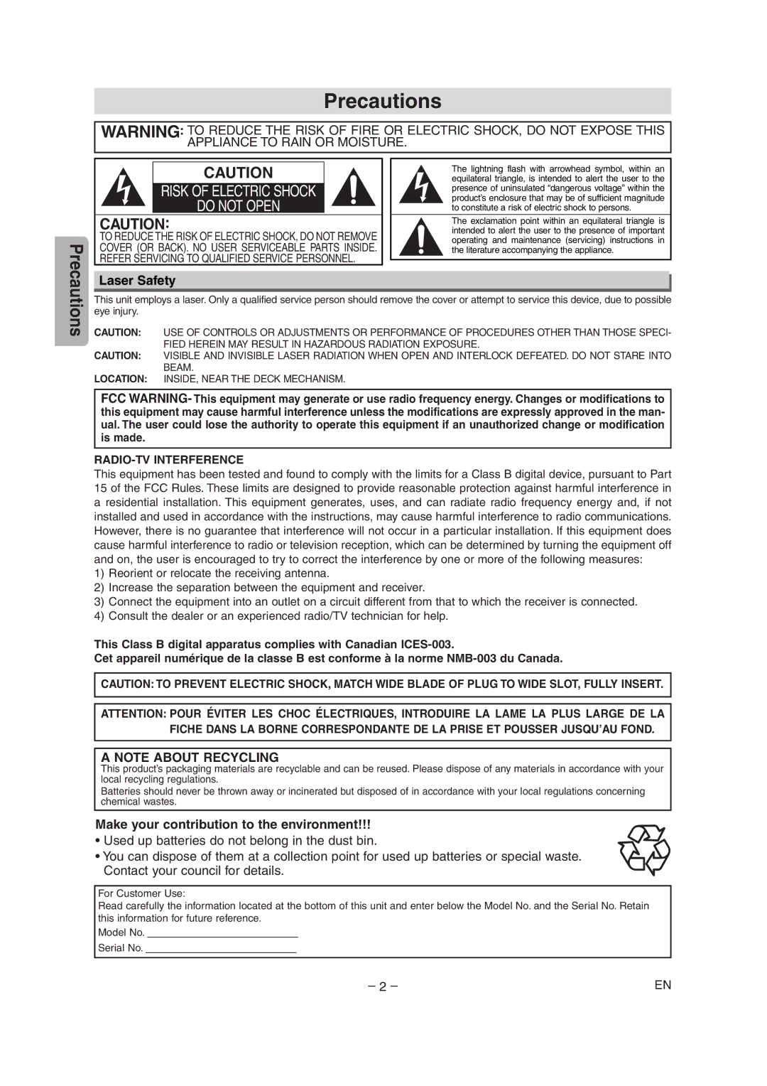 Symphonic DVD/CD Player owner manual Precautions, Laser Safety, Make your contribution to the environment 