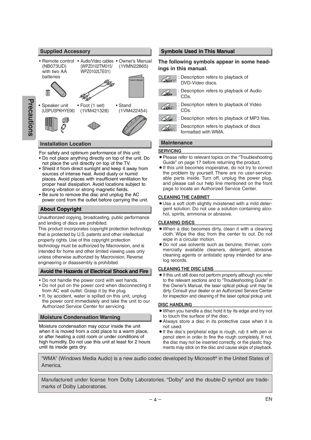 Symphonic DVD/CD Player Supplied Accessory Symbols Used in This Manual, Ings in this manual, Installation Location 