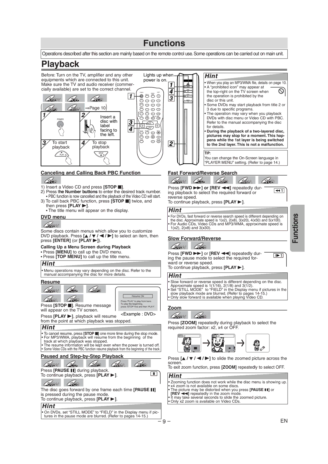 Symphonic DVD/CD Player owner manual Functions, Playback 