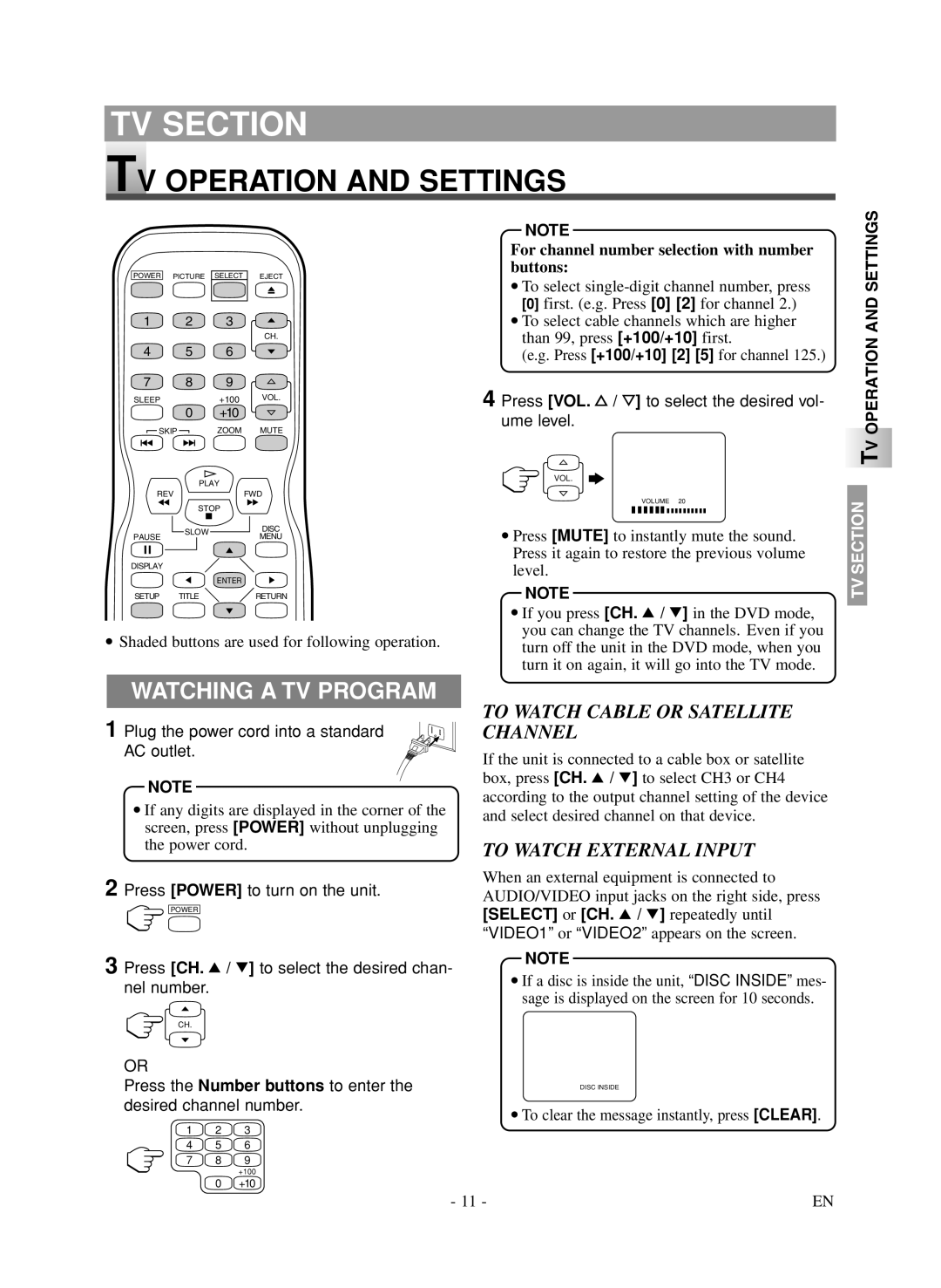 Symphonic LCD TV/DVD owner manual TV Operation and Settings, Watching a TV Program, To Watch Cable or Satellite Channel 