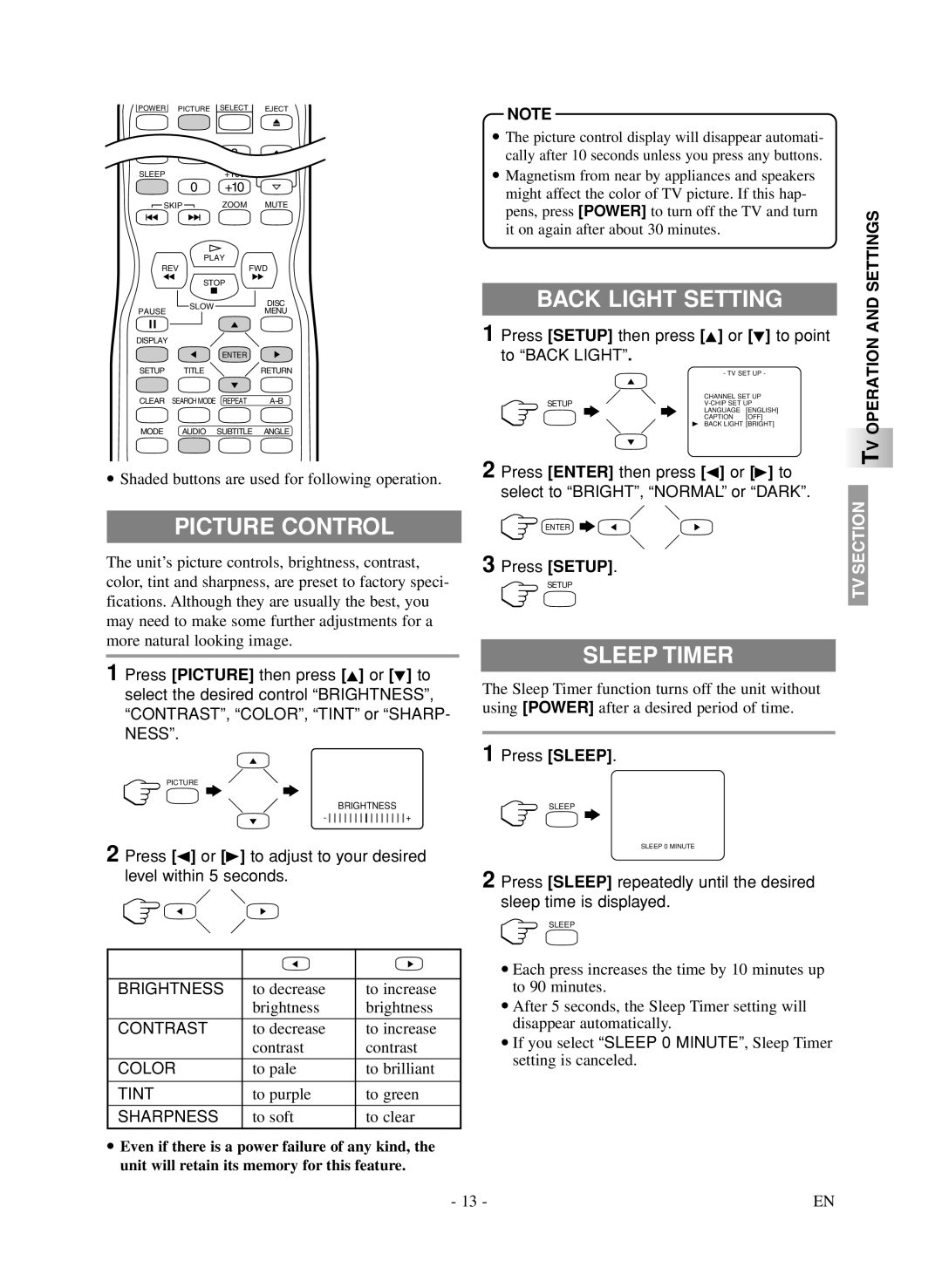 Symphonic LCD TV/DVD owner manual Picture Control, Back Light Setting, Sleep Timer, Press Sleep 