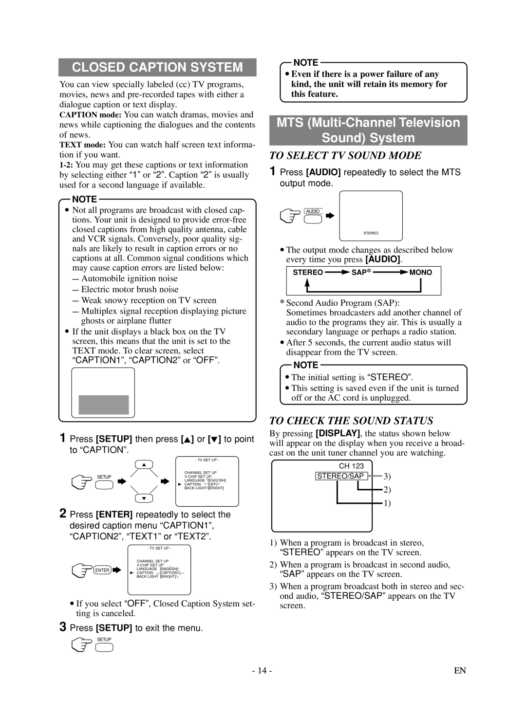 Symphonic LCD TV/DVD owner manual Closed Caption System, To Select TV Sound Mode, To Check the Sound Status 