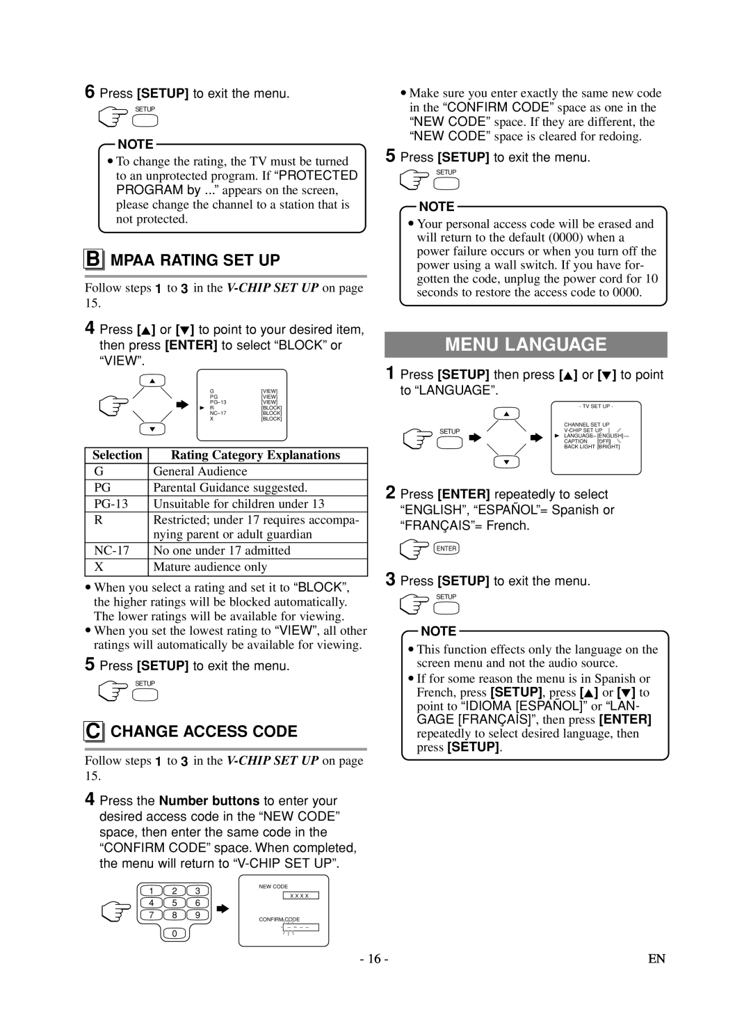 Symphonic LCD TV/DVD owner manual Menu Language, Mpaa Rating SET UP, Change Access Code 