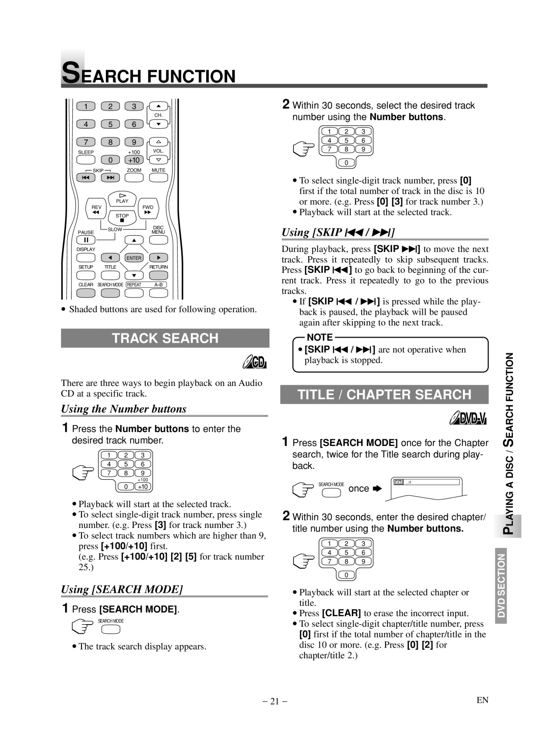 Symphonic LCD TV/DVD owner manual Search Function, Track Search, Title / Chapter Search, Disc / Search 