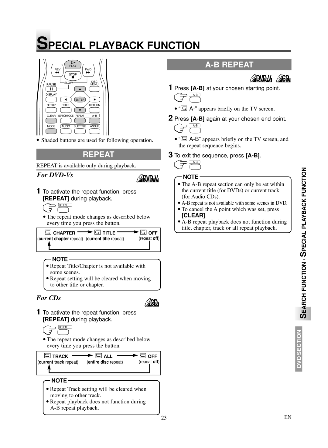 Symphonic LCD TV/DVD owner manual Special Playback Function, Repeat, Clear, Search Function 