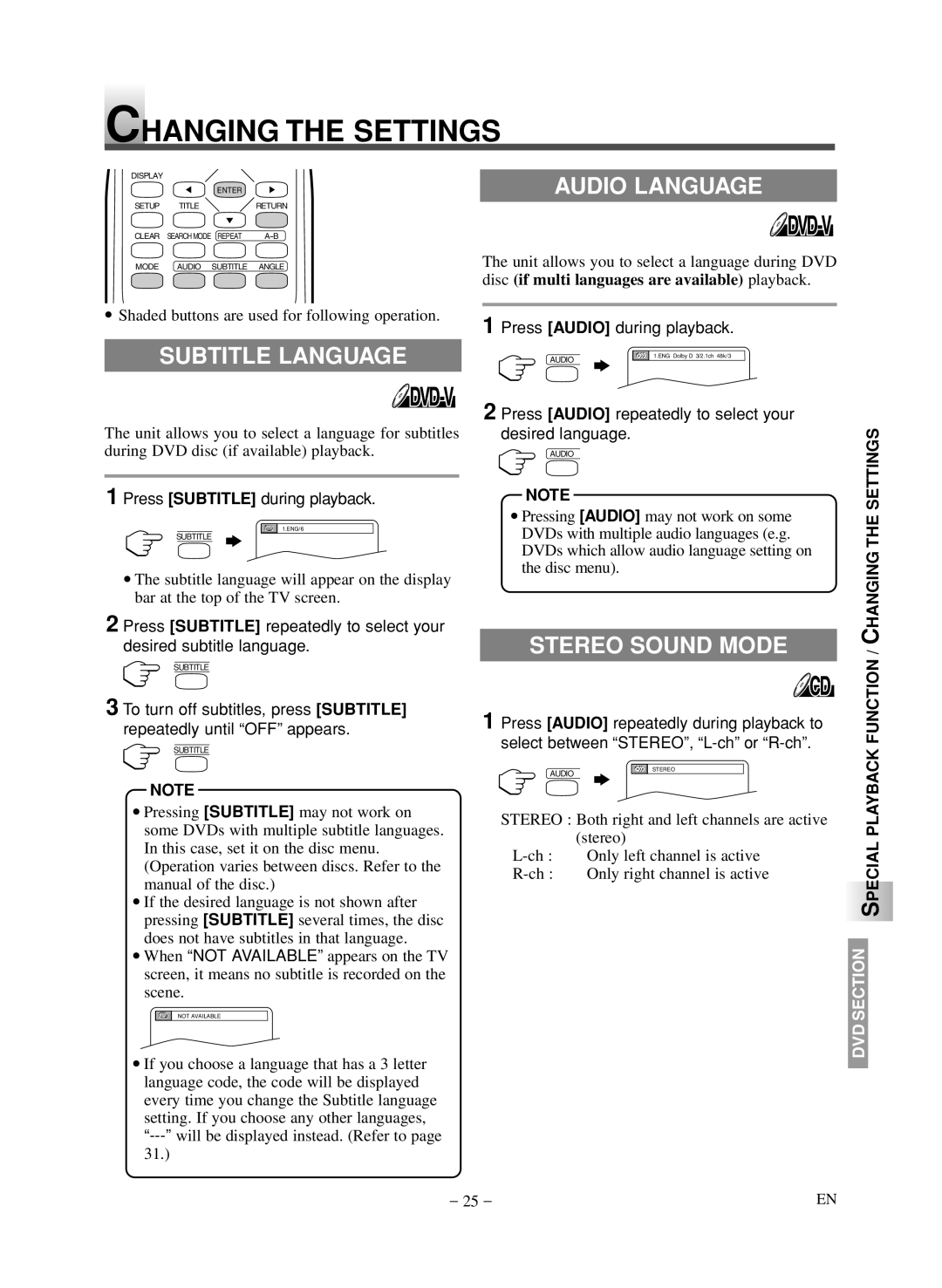 Symphonic LCD TV/DVD owner manual Changing the Settings, Audio Language, Subtitle Language, Stereo Sound Mode 