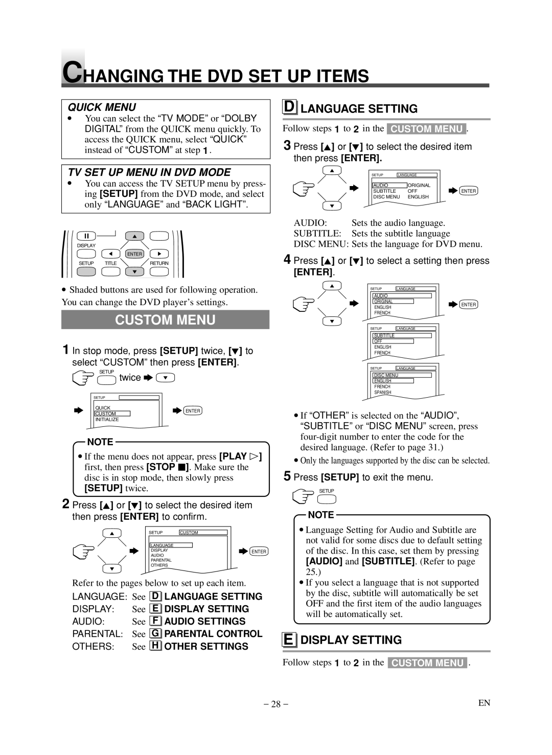 Symphonic LCD TV/DVD owner manual Changing the DVD SET UP Items, Custom Menu, Language Setting, Display Setting 