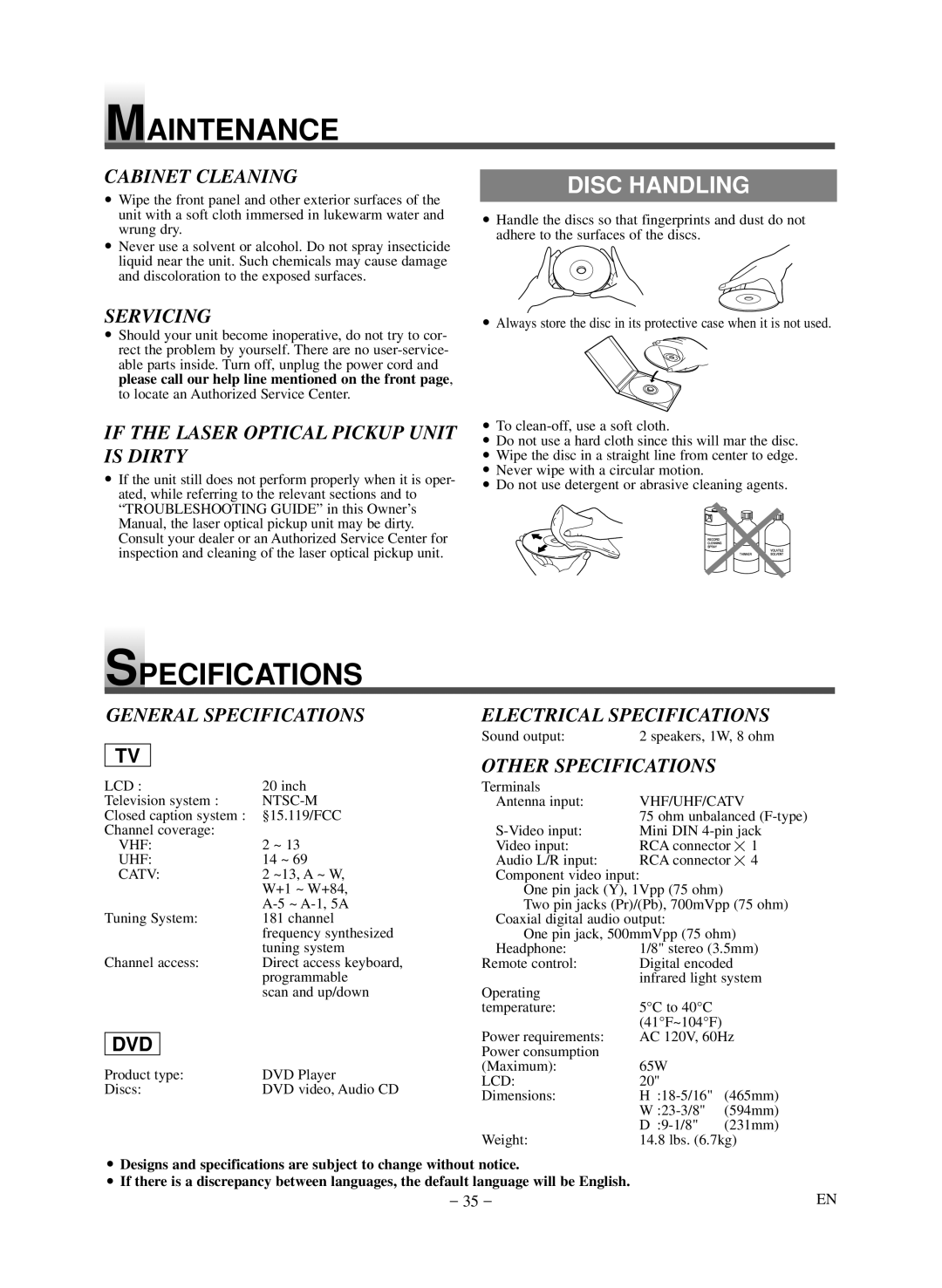 Symphonic LCD TV/DVD owner manual Maintenance, Specifications, Disc Handling, Dvd 