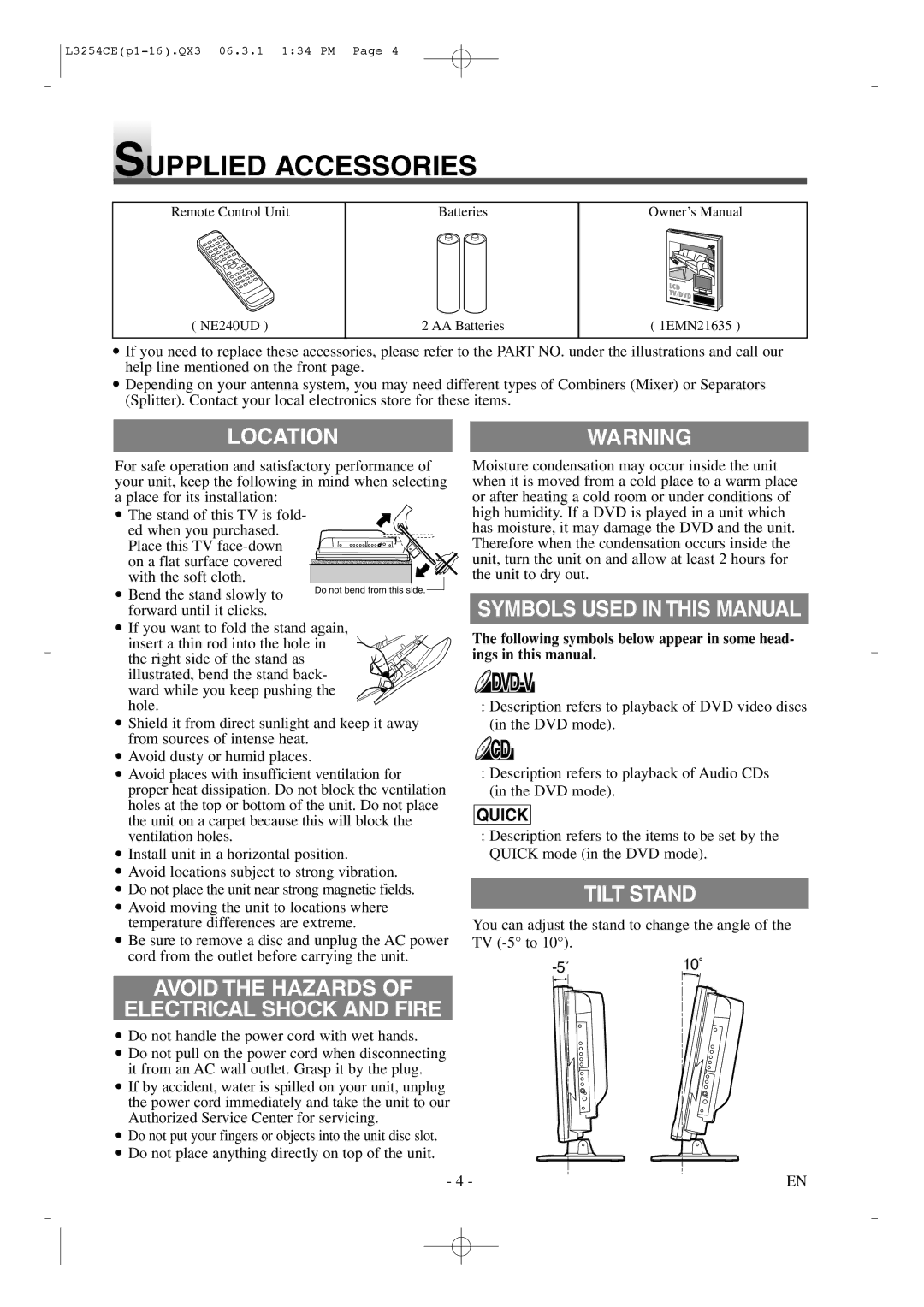 Symphonic LCD TV/DVD owner manual Supplied Accessories, Location, Symbols Used in this Manual, Tilt Stand 