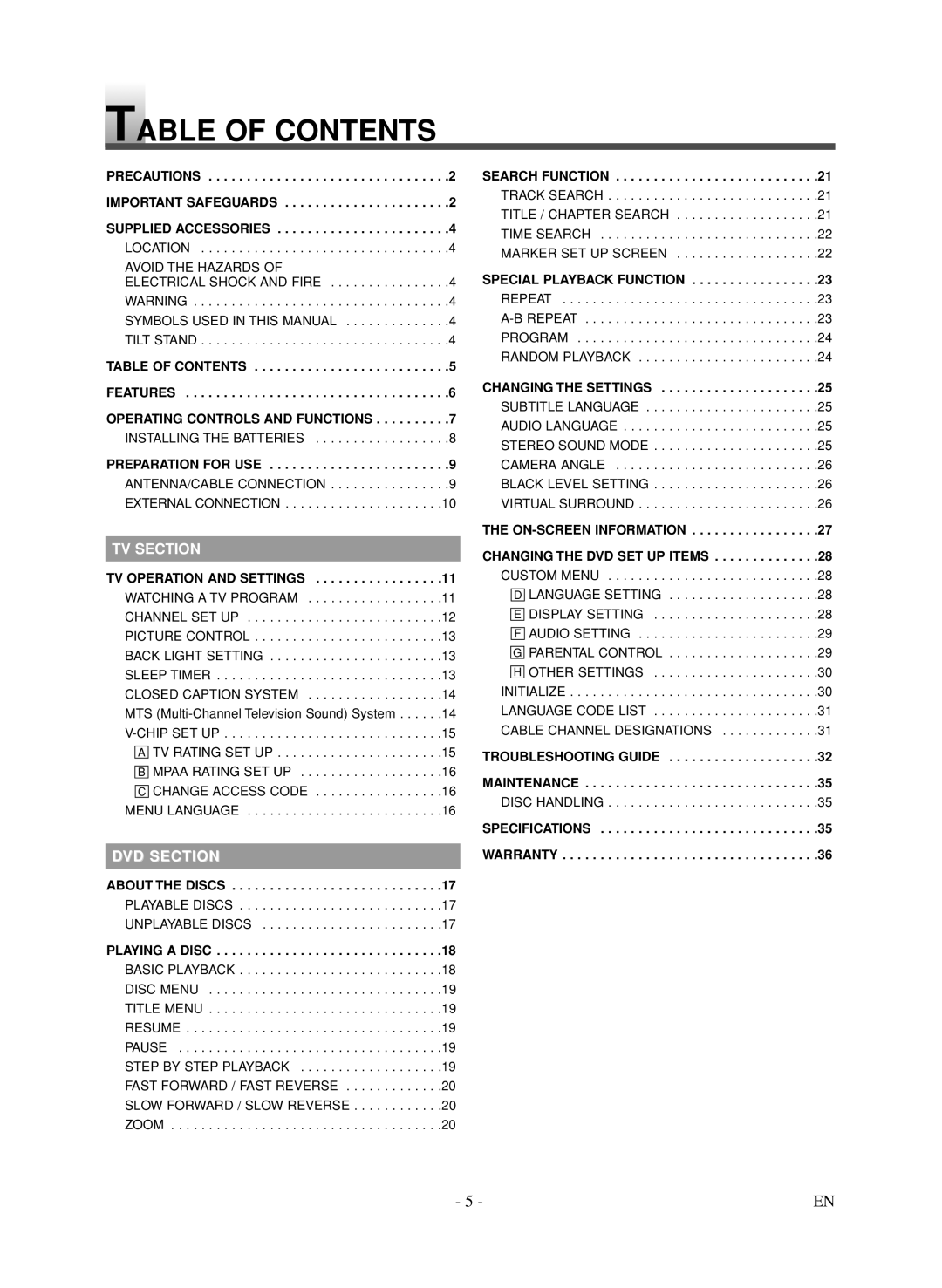 Symphonic LCD TV/DVD owner manual Table of Contents 