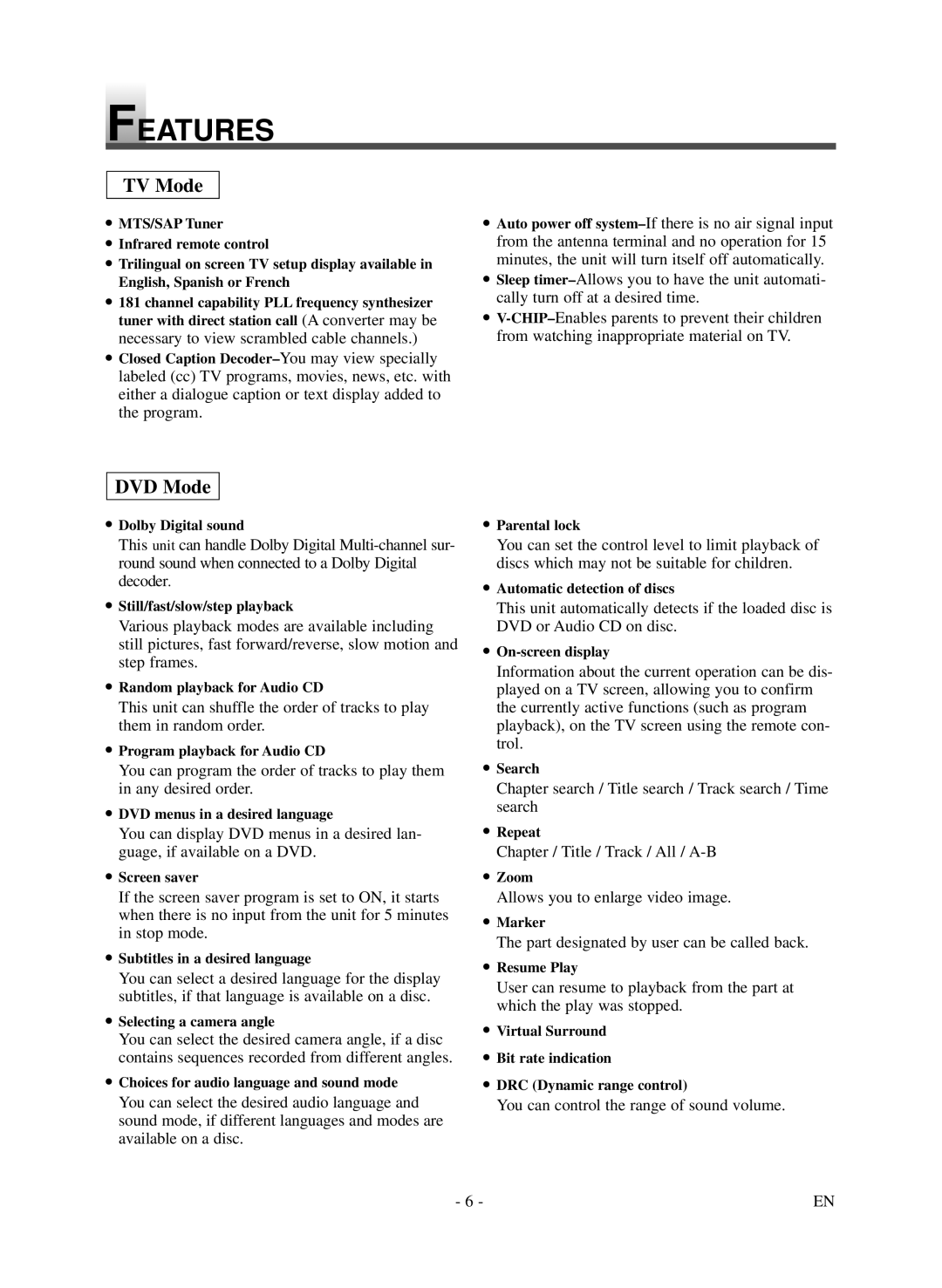 Symphonic LCD TV/DVD owner manual Features, TV Mode 