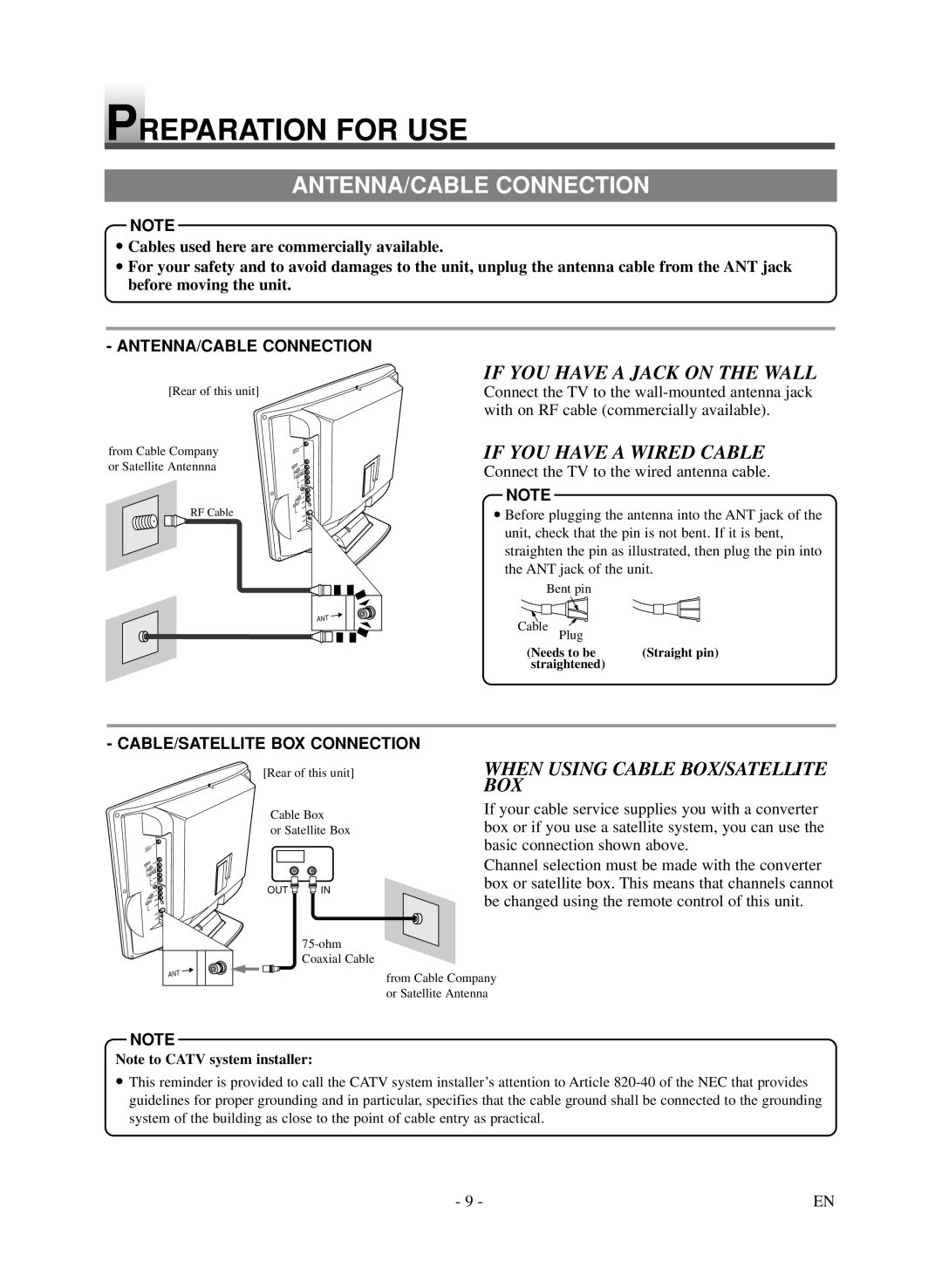 Symphonic LCD TV/DVD owner manual Preparation for USE, ANTENNA/CABLE Connection, If YOU have a Jack on the Wall, Box 