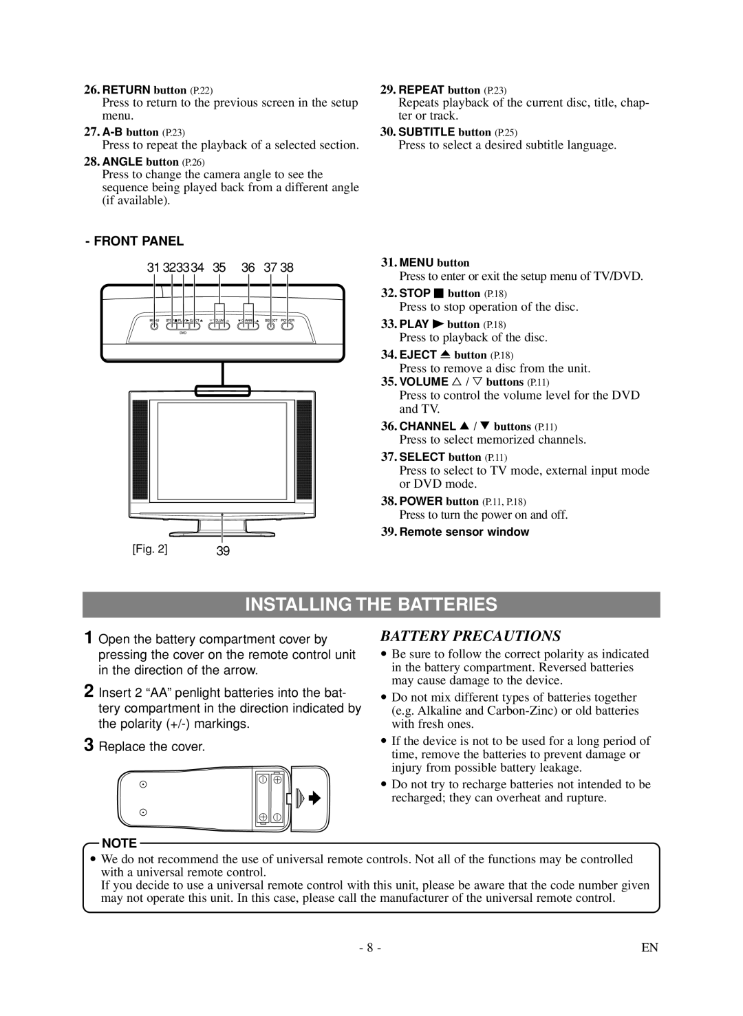 Symphonic LCD TV/DVD owner manual Installing The Batteries, Battery Precautions, Front Panel 