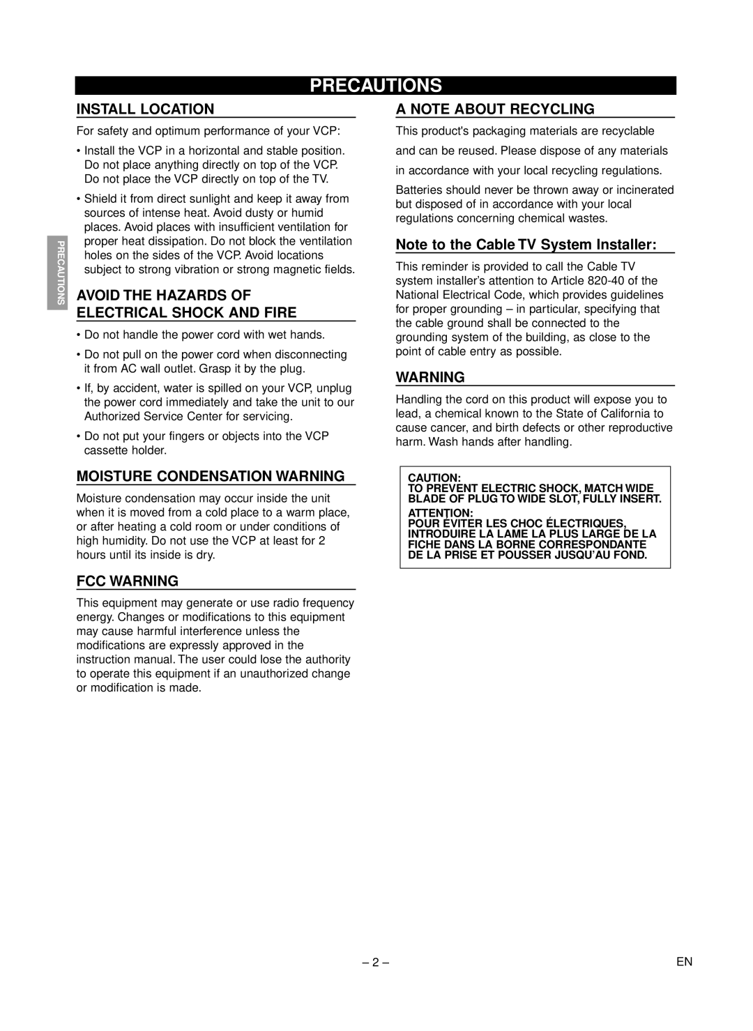 Symphonic MFV210D warranty Precautions, Install Location 