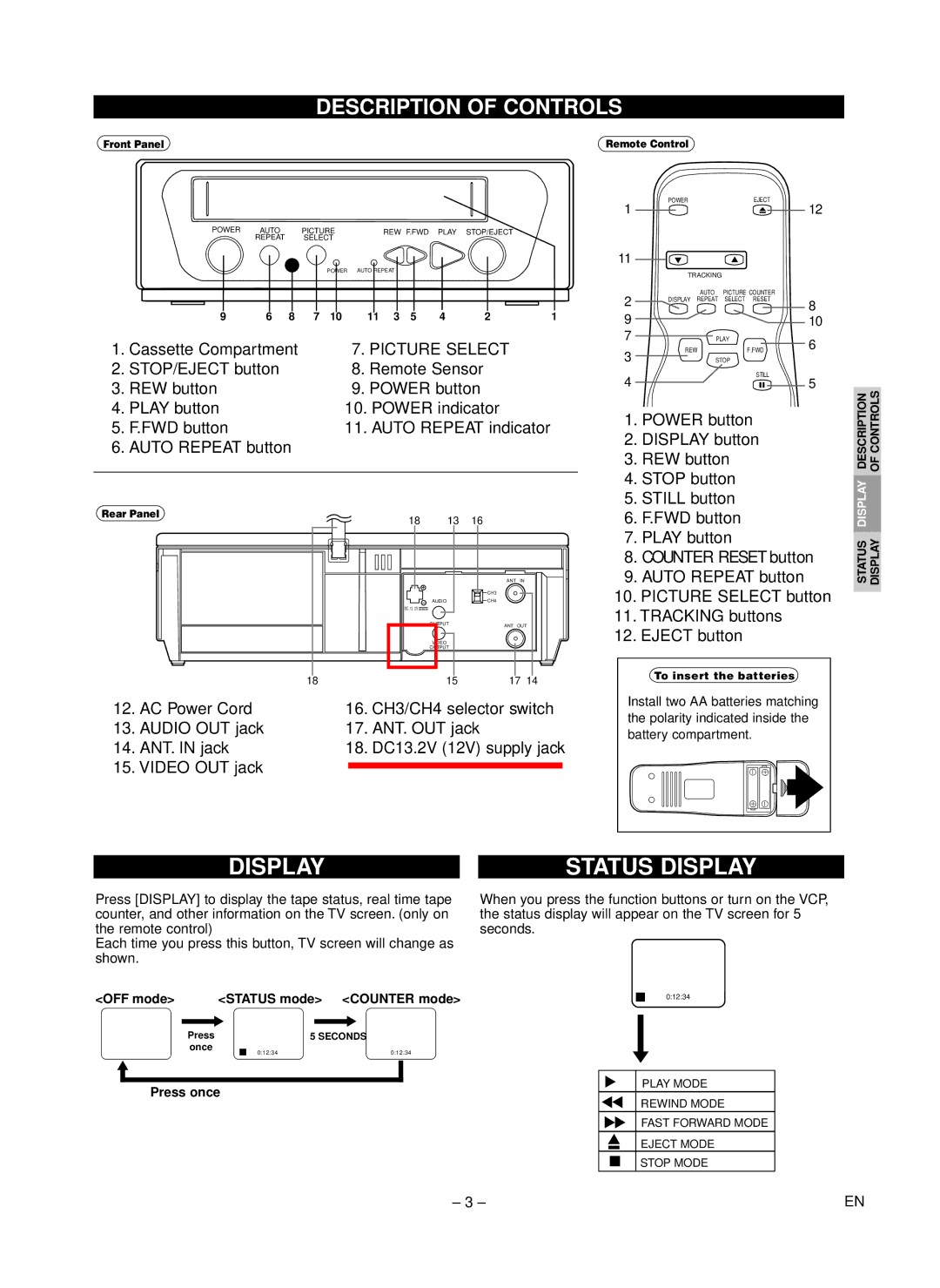 Symphonic MFV210D warranty Display, Description of Controls 